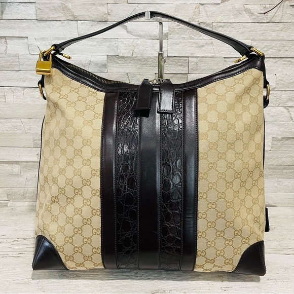 GUCCI Monogram Crocodile Web Medium Secret Hobo Dark Brown Leather Handbag - Picture 16 of 16